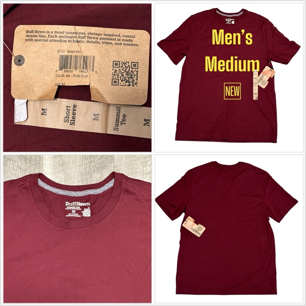 Men’s Ruff Hewn RH Medium Crew Neck Short Sleeve T-Shirt Top Tee Burgundy NWT
